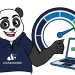 Mascotte panda PandiWeb souriante montrant un compteur de vitesse dans le vert et un ordinateur dont le chargement est terminé